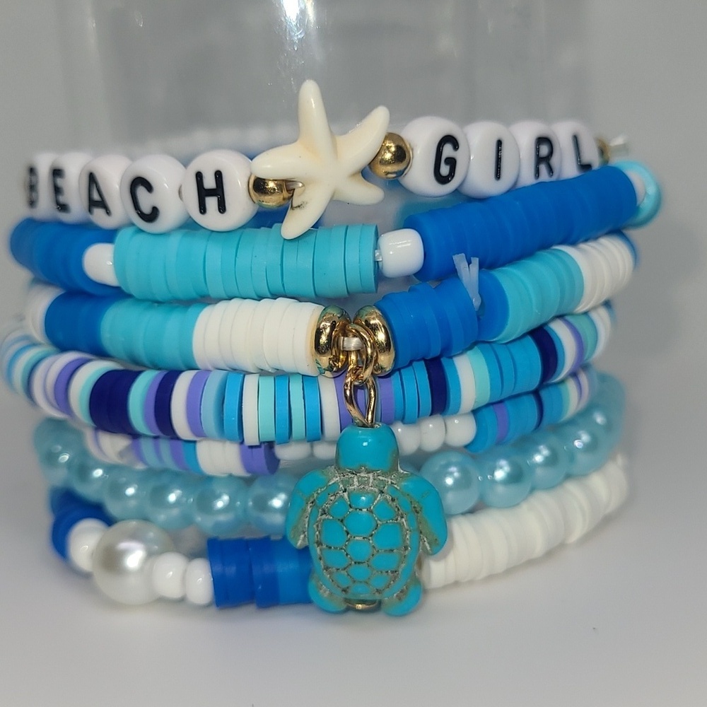 7 Beachy Beaded Bracelets Set Stackable Boho Friendship Charm Stacked Heishi NEW